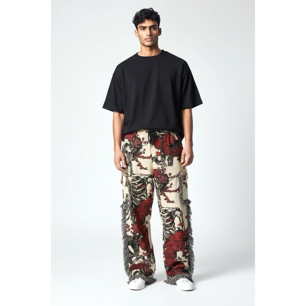 American Stitch skull bones and roses mens tapestry cargo pants sz 31/36